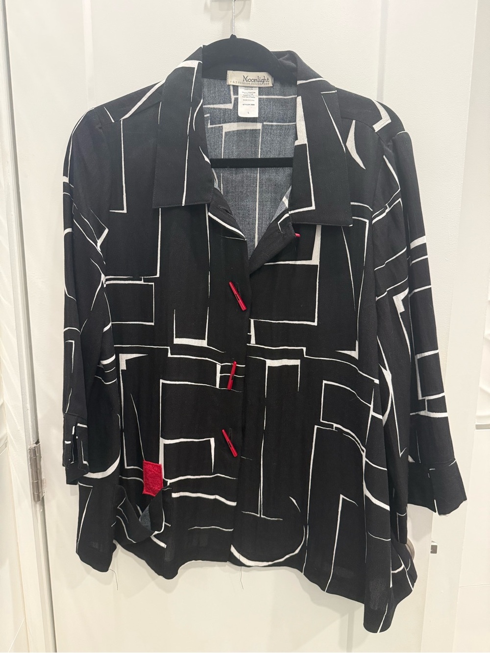 Moonlight Black & White Geometric Button-Down Shirt with Red Accents